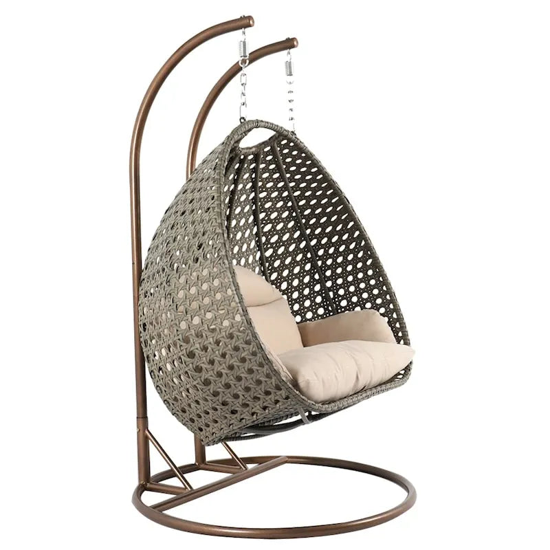 Sedia sospesa a dondolo a forma di uovo con supporto in metallo, telaio in vimini e cuscino – Beige / Blu antracite / Bianco / Blu / Bianco antico / Marrone / Tela, 2 posti
