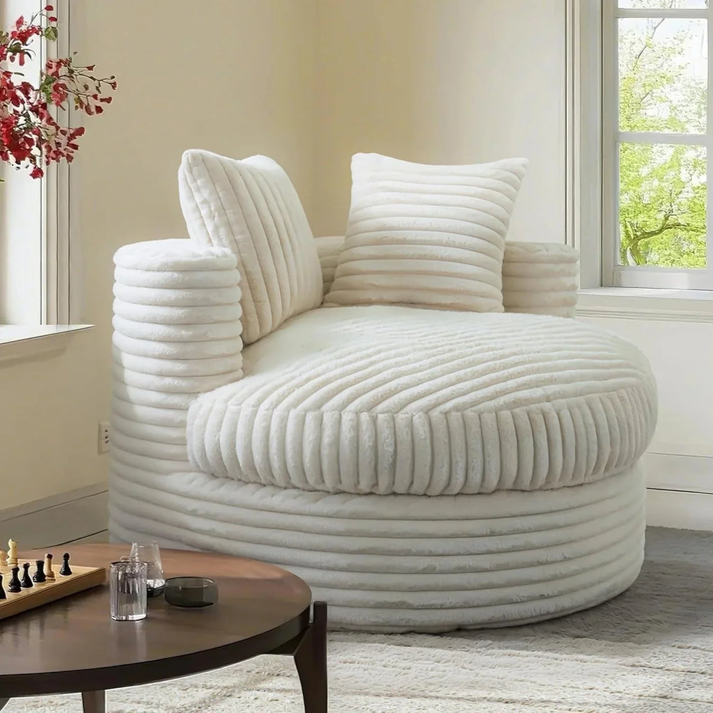 WOWMAX 47 Pollici Rotondo Divano Chaise Lounge da Interno, Divano da Pavimento Oversize Imbottito in Velluto a Coste con 2 Cuscini Decorativi