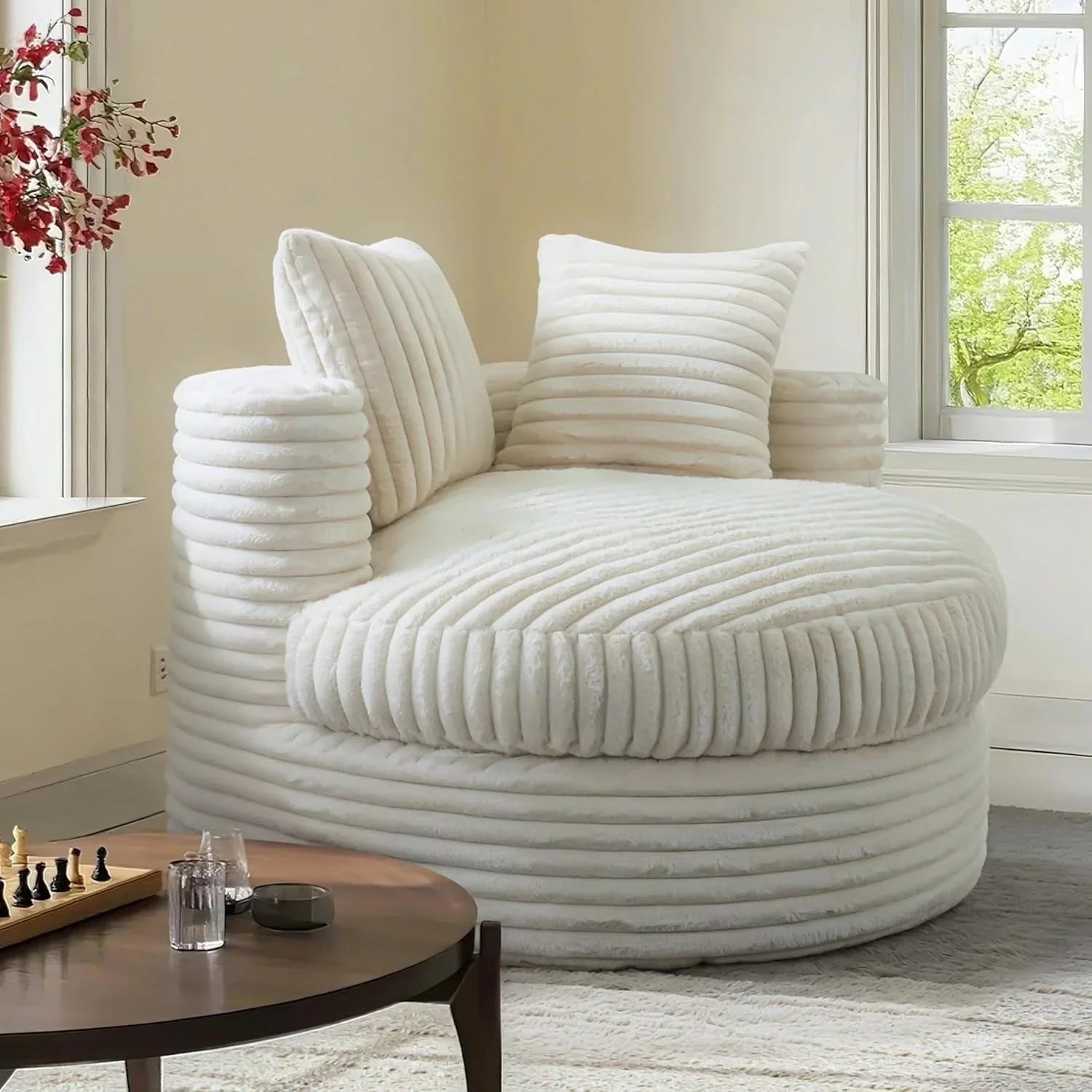 WOWMAX 47 Pollici Rotondo Divano Chaise Lounge da Interno, Divano da Pavimento Oversize Imbottito in Velluto a Coste con 2 Cuscini Decorativi