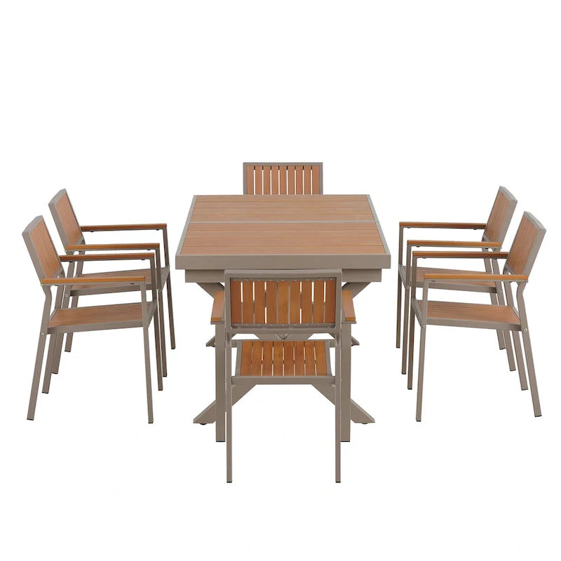Set da pranzo all'aperto di 7 pezzi con tavolo allungabile e 6 sedie con braccioli