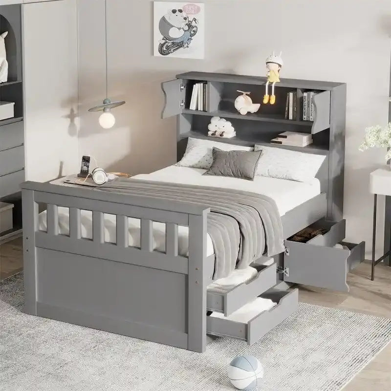 Letto a piattaforma Twin/Full Size Captain con 4 cassetti e mensole portaoggetti, struttura letto in legno massello con testiera libreria contenitore