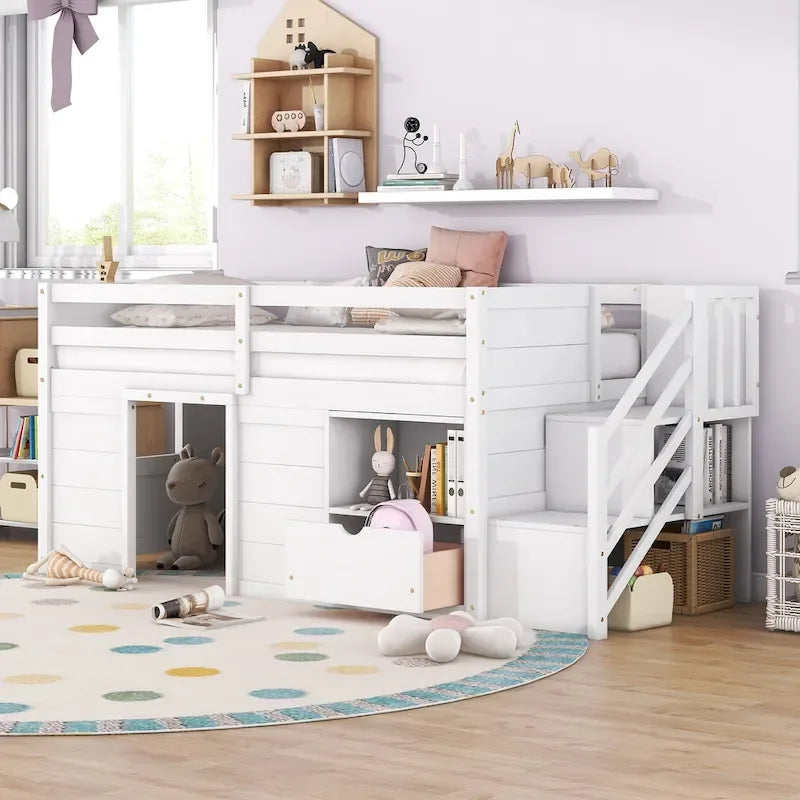 LETTO SINGOLO, LETTO A CASTELLO BASSO SINGOLO IN LEGNO MASSELLO CON SCALA, CASSETTO E SCAFFALE DI COLORE GRIGIO