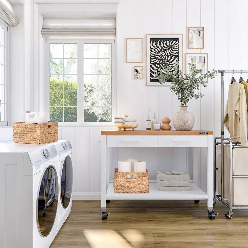 Tavolo da lavoro a isola con piano in legno massello, 48 W x 24 P x 36 H, bianco
