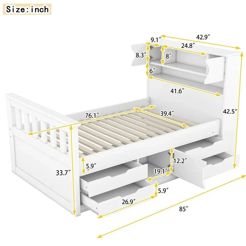 Letto a piattaforma Twin/Full Size Captain con 4 cassetti e mensole portaoggetti, struttura letto in legno massello con testiera libreria contenitore