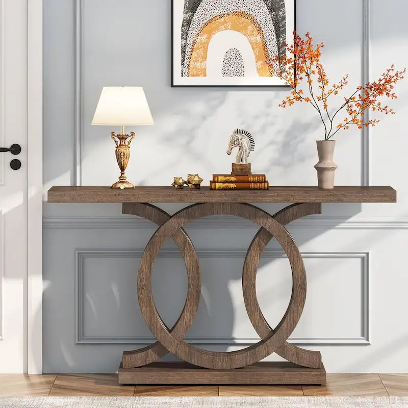 Consolle Vintage con Base Geometrica Tavolo da Ingresso in Legno