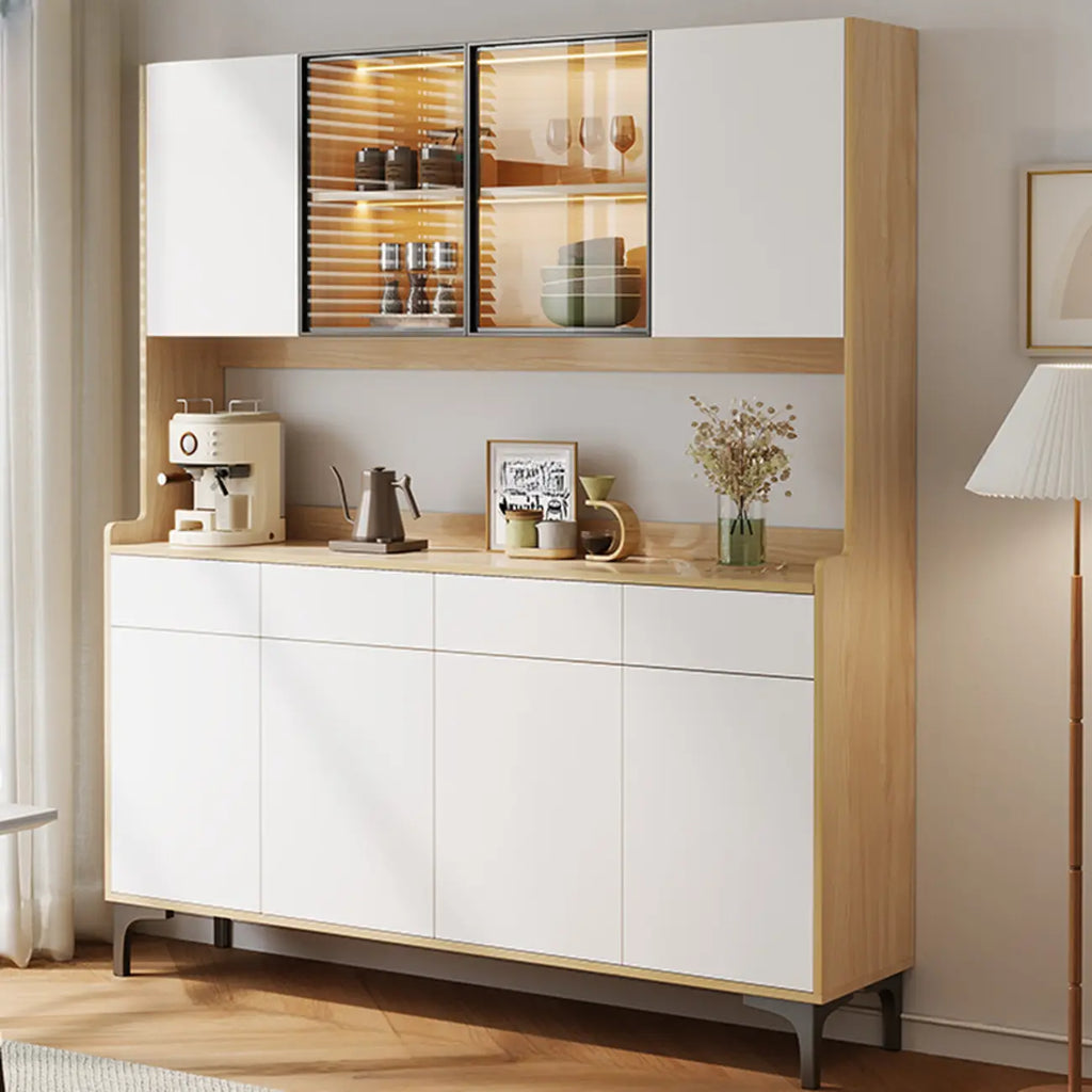 Large Wood Glass Doors Cabinet Sideboard with Hutch Top
