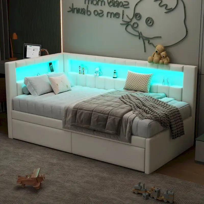 Letto imbottito a piattaforma con porte USB e illuminazione a LED - Struttura letto matrimoniale/singola con 2 cassetti portaoggetti - Camera da letto moderna