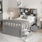 Letto a piattaforma Twin/Full Size Captain con 4 cassetti e mensole portaoggetti, struttura letto in legno massello con testiera libreria contenitore