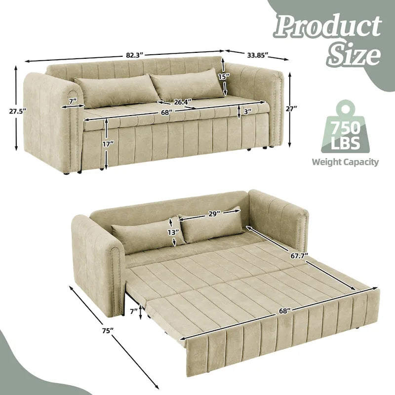 Divano letto moderno convertibile imbottito in velluto con braccioli arrotolati decorati con borchie in rame