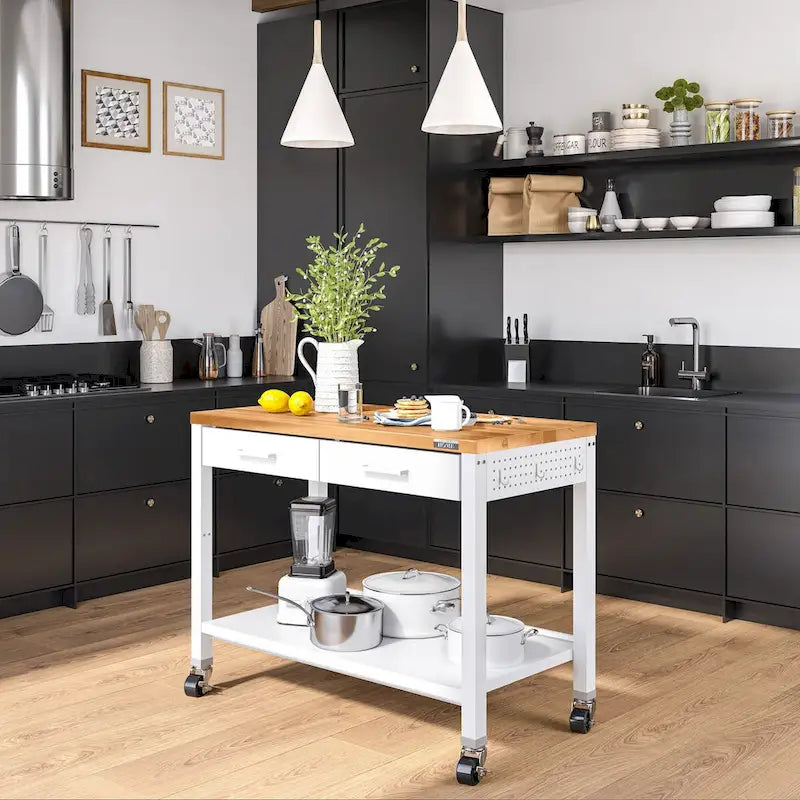 Tavolo da lavoro a isola con piano in legno massello, 48 W x 24 P x 36 H, bianco