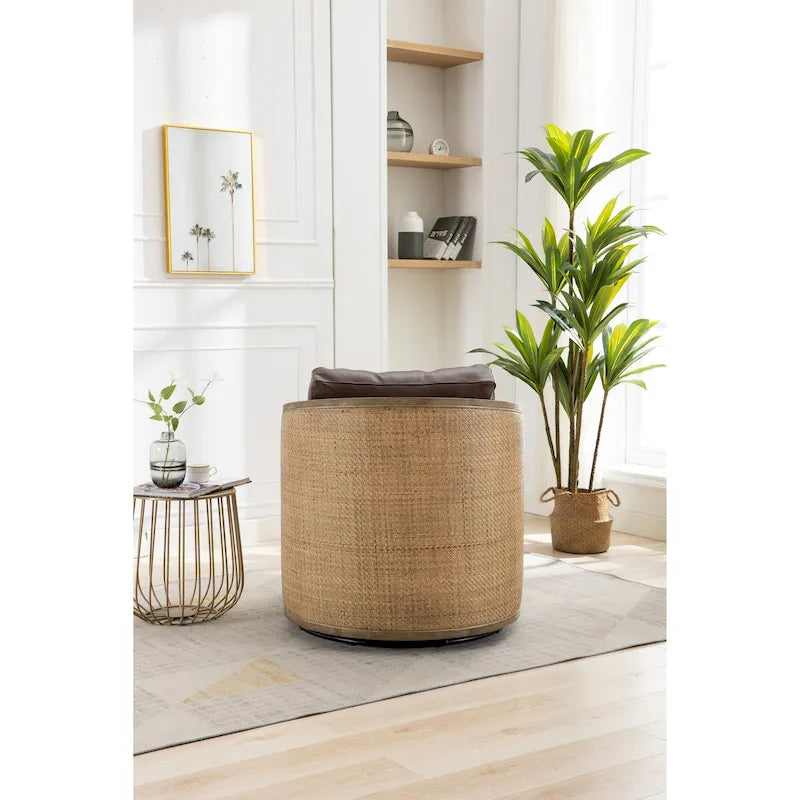 Poltrona a botte girevole, comoda poltrona rotonda d'accento, poltrona club a botte girevole a 360 gradi, poltrona relax con struttura in rattan intrecciato