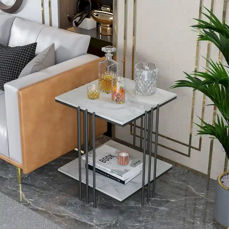 Marble Top Side Table 2 Tier Square Accent End Tables