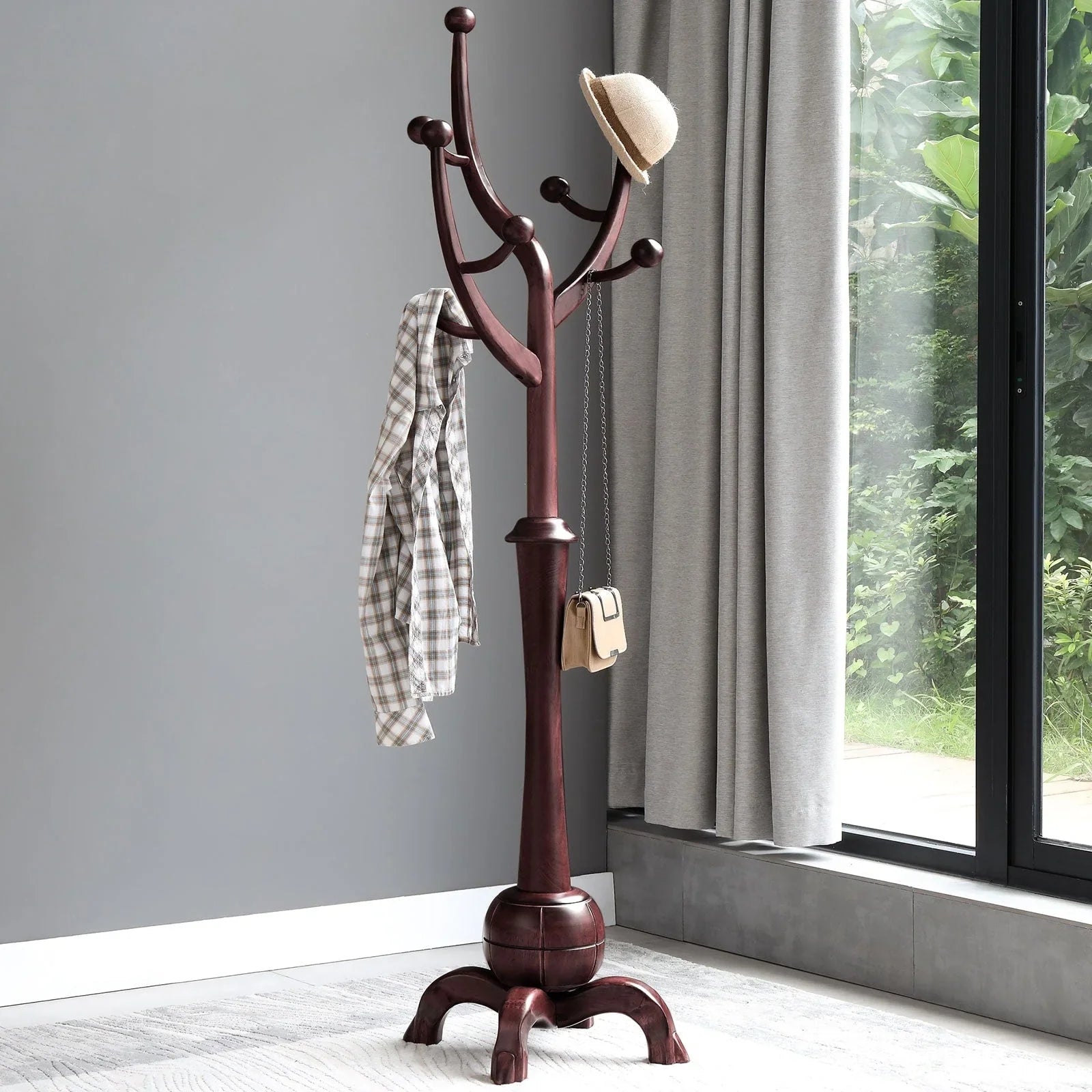 Appendiabiti da terra "ramo d'albero" in legno di gomma con 8 ganci - 24,5L x 70,87H