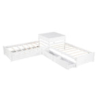 Letto a piattaforma a L moderno bianco per cameretta, dimensioni singole, con letto estraibile e cassetti