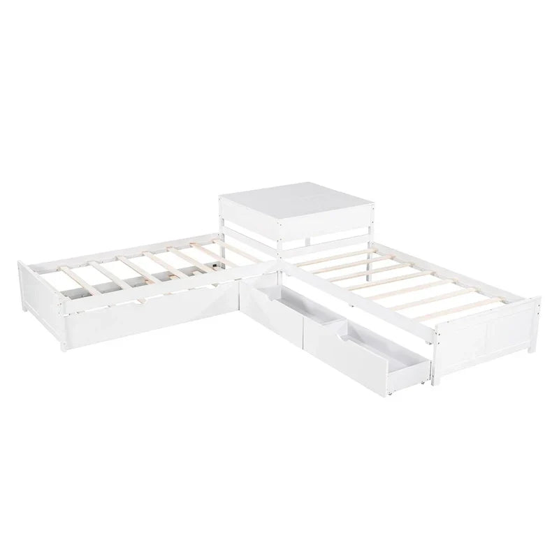 Letto a piattaforma a L moderno bianco per cameretta, dimensioni singole, con letto estraibile e cassetti