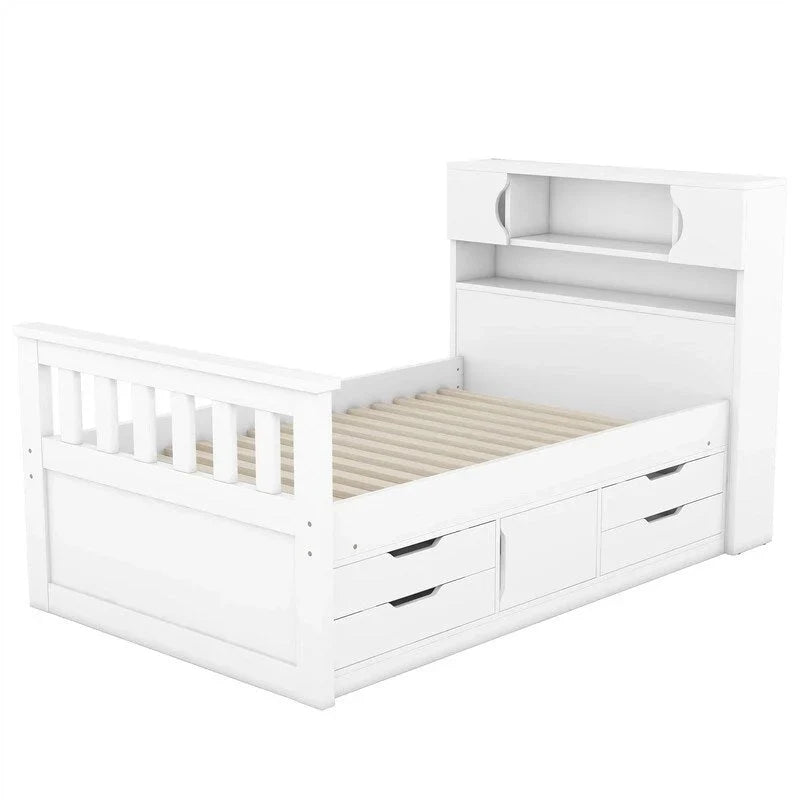 Letto a piattaforma Twin/Full Size Captain con 4 cassetti e mensole portaoggetti, struttura letto in legno massello con testiera libreria contenitore