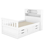 Letto a piattaforma Twin/Full Size Captain con 4 cassetti e mensole portaoggetti, struttura letto in legno massello con testiera libreria contenitore