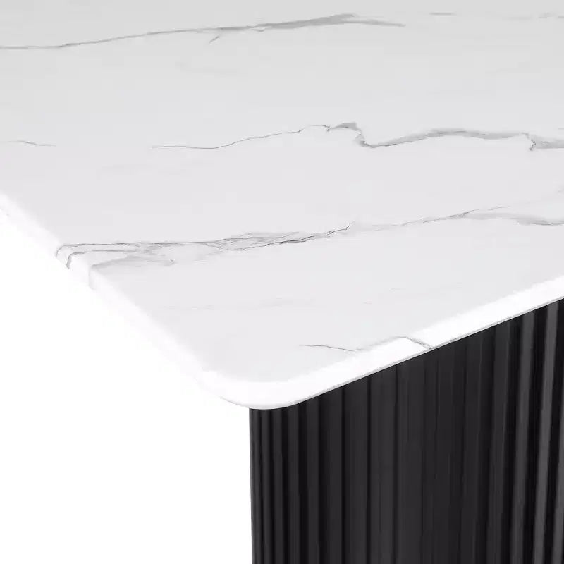Tavolo da Pranzo di Lusso con Piano in Finto Marmo e Base a Colonna, Struttura Rettangolare in Metallo Bianco per Cucina, 6 Posti - Morden Fort