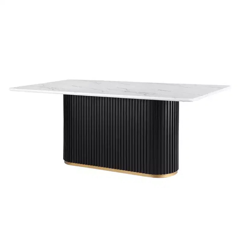 Tavolo da Pranzo di Lusso con Piano in Finto Marmo e Base a Colonna, Struttura Rettangolare in Metallo Bianco per Cucina, 6 Posti - Morden Fort