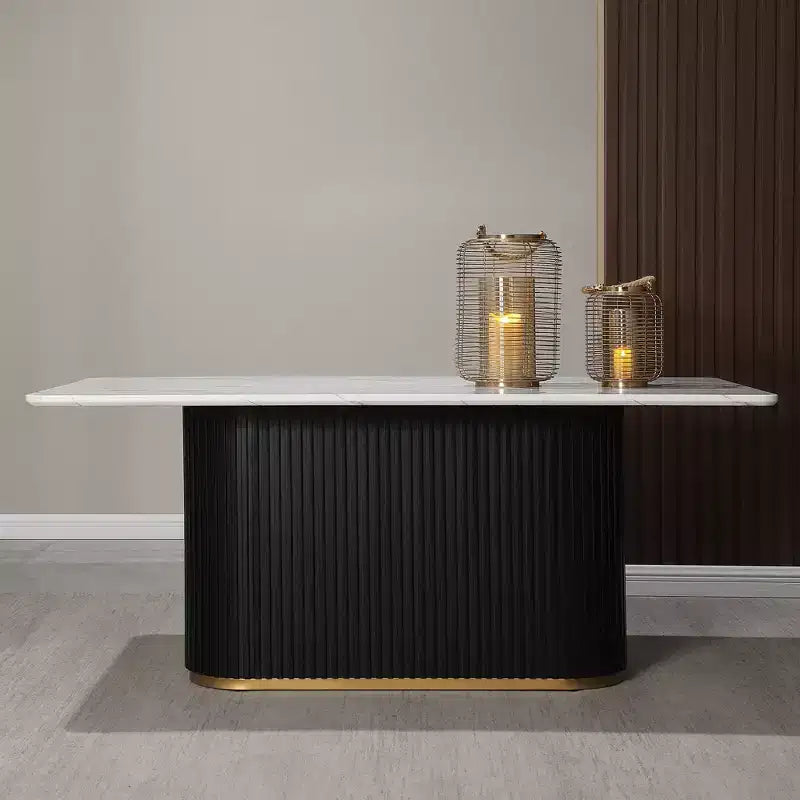 Tavolo da Pranzo di Lusso con Piano in Finto Marmo e Base a Colonna, Struttura Rettangolare in Metallo Bianco per Cucina, 6 Posti - Morden Fort