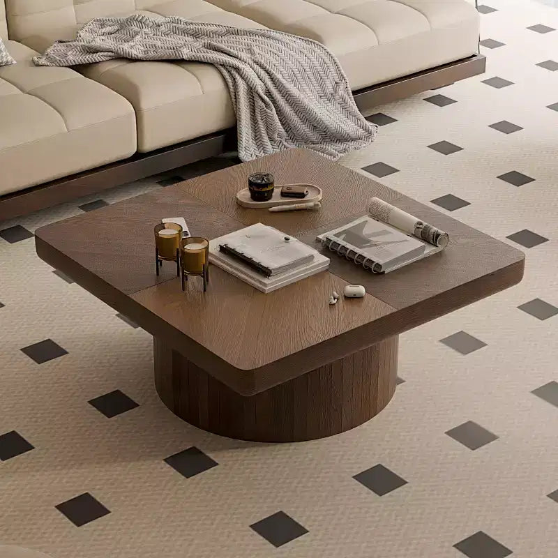 Tavolino Quadrato da Salotto, Top Impiallacciato in Legno con Motivo a Parquet, Noce