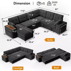 Divano componibile Dyonery 112, divano letto a L a 7 posti / con braccioli chaise longue portaoggetti regolabili in altezza / USB/luce LED, divano letto in ciniglia.