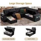 Divano componibile Dyonery 112, divano letto a L a 7 posti / con braccioli chaise longue portaoggetti regolabili in altezza / USB/luce LED, divano letto in ciniglia.