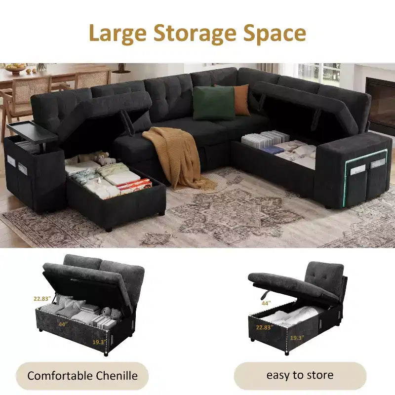 Divano componibile Dyonery 112, divano letto a L a 7 posti / con braccioli chaise longue portaoggetti regolabili in altezza / USB/luce LED, divano letto in ciniglia.