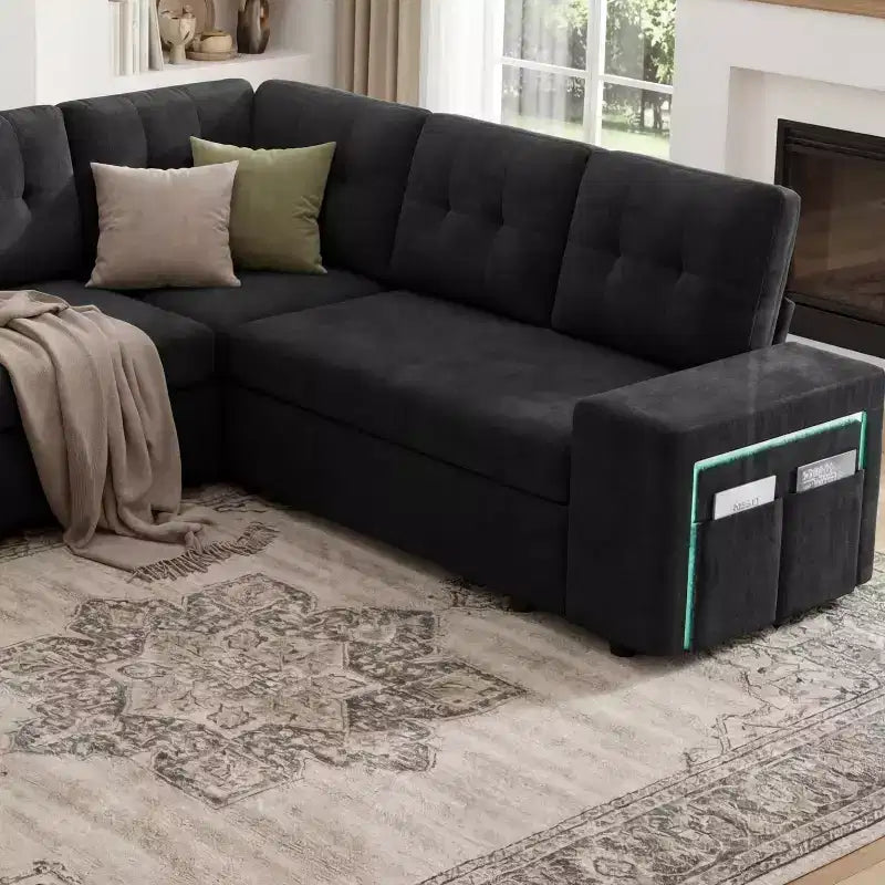Divano componibile Dyonery 112, divano letto a L a 7 posti / con braccioli chaise longue portaoggetti regolabili in altezza / USB/luce LED, divano letto in ciniglia.