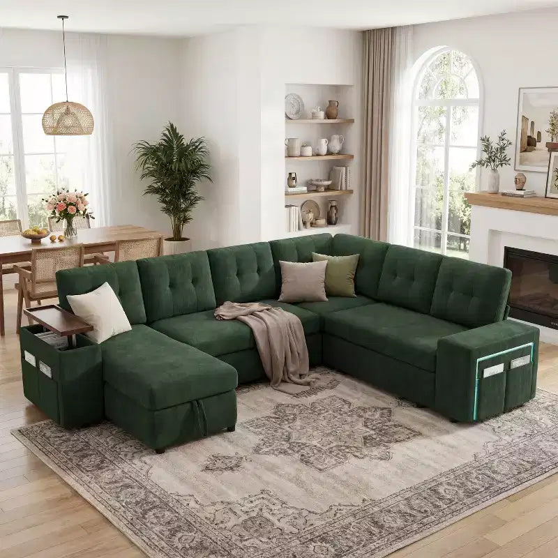 Divano componibile Dyonery 112, divano letto a L a 7 posti / con braccioli chaise longue portaoggetti regolabili in altezza / USB/luce LED, divano letto in ciniglia.
