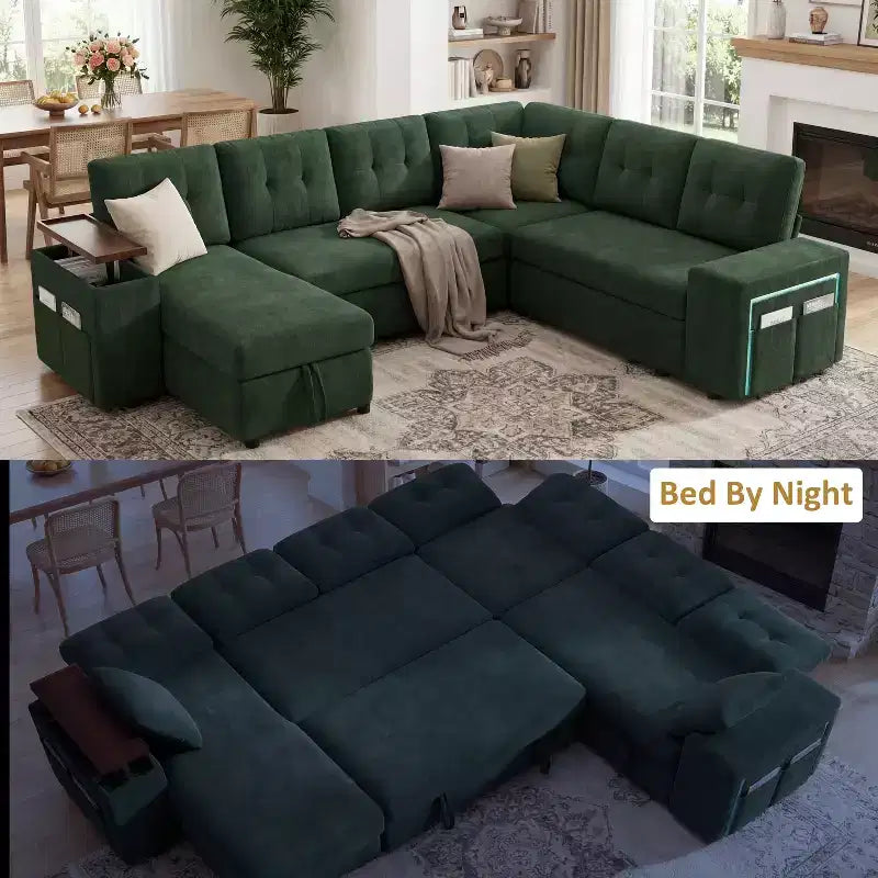 Divano componibile Dyonery 112, divano letto a L a 7 posti / con braccioli chaise longue portaoggetti regolabili in altezza / USB/luce LED, divano letto in ciniglia.