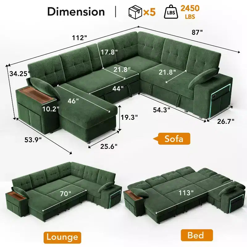 Divano componibile Dyonery 112, divano letto a L a 7 posti / con braccioli chaise longue portaoggetti regolabili in altezza / USB/luce LED, divano letto in ciniglia.