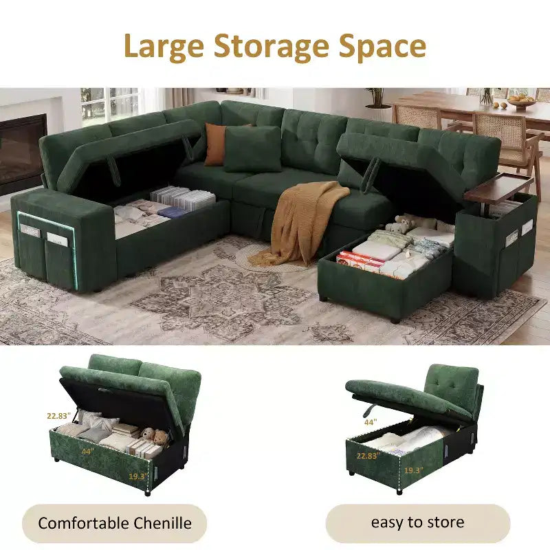 Divano componibile Dyonery 112, divano letto a L a 7 posti / con braccioli chaise longue portaoggetti regolabili in altezza / USB/luce LED, divano letto in ciniglia.