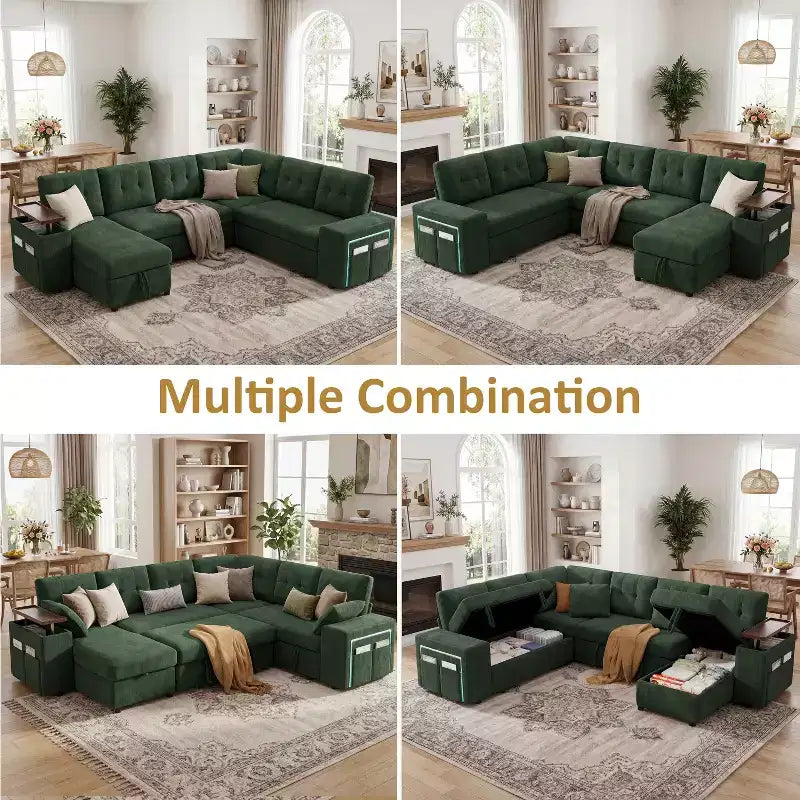 Divano componibile Dyonery 112, divano letto a L a 7 posti / con braccioli chaise longue portaoggetti regolabili in altezza / USB/luce LED, divano letto in ciniglia.