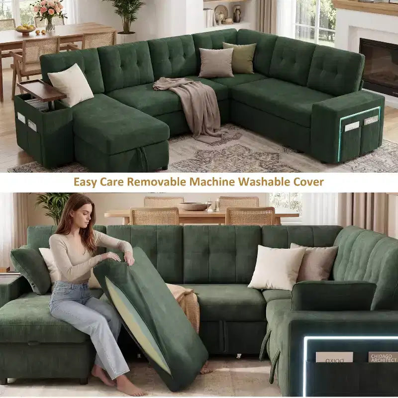 Divano componibile Dyonery 112, divano letto a L a 7 posti / con braccioli chaise longue portaoggetti regolabili in altezza / USB/luce LED, divano letto in ciniglia.