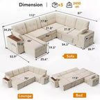 Divano componibile Dyonery 112, divano letto a L a 7 posti / con braccioli chaise longue portaoggetti regolabili in altezza / USB/luce LED, divano letto in ciniglia.