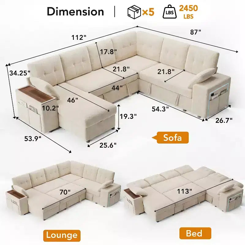 Divano componibile Dyonery 112, divano letto a L a 7 posti / con braccioli chaise longue portaoggetti regolabili in altezza / USB/luce LED, divano letto in ciniglia.
