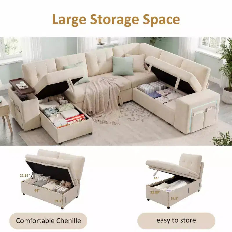 Divano componibile Dyonery 112, divano letto a L a 7 posti / con braccioli chaise longue portaoggetti regolabili in altezza / USB/luce LED, divano letto in ciniglia.