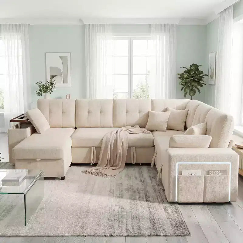 Divano componibile Dyonery 112, divano letto a L a 7 posti / con braccioli chaise longue portaoggetti regolabili in altezza / USB/luce LED, divano letto in ciniglia.