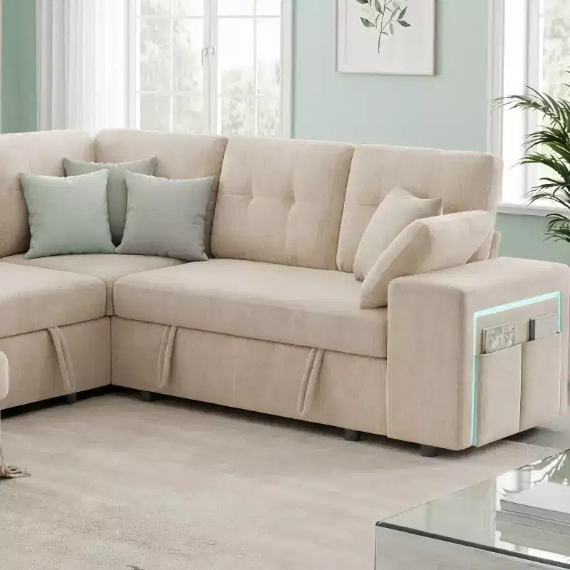 Divano componibile Dyonery 112, divano letto a L a 7 posti / con braccioli chaise longue portaoggetti regolabili in altezza / USB/luce LED, divano letto in ciniglia.