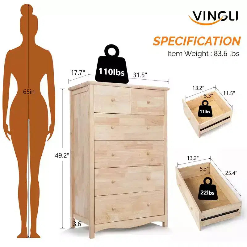 Mobile a 6 cassetti Karl Home in legno di gomma naturale, 1 pz
