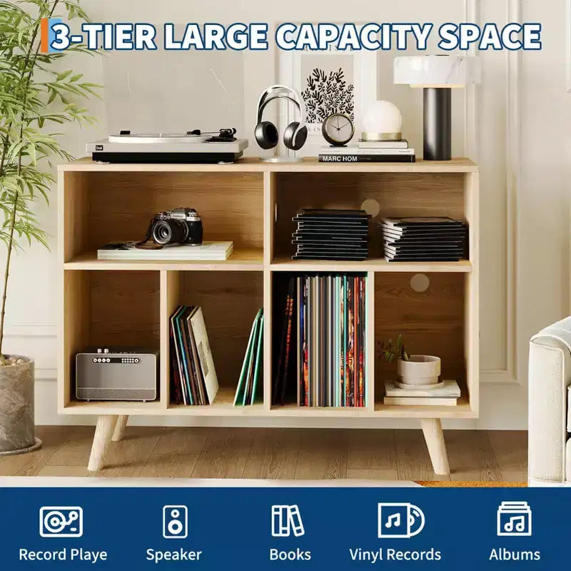 Supporto moderno per giradischi da 39,5 pollici con stazione di ricarica, mobiletto per giradischi in legno multistrato, può contenere oltre 350 album in vinile, per soggiorno, camera da letto, ufficio
