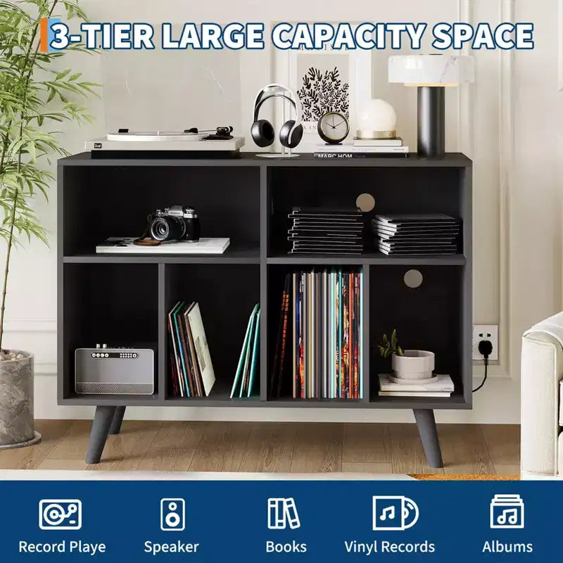 Supporto moderno per giradischi da 39,5 pollici con stazione di ricarica, mobiletto per giradischi in legno multistrato, può contenere oltre 350 album in vinile, per soggiorno, camera da letto, ufficio