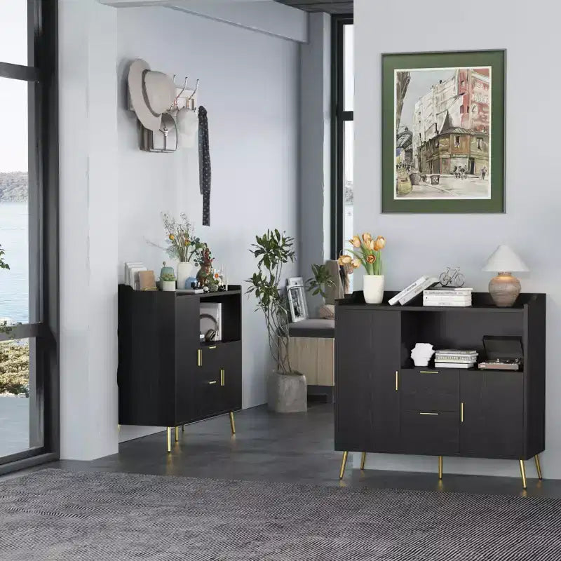 Set di 2 Madie Moderne con Cassetti, Credenze Contenitore da 100 cm con Ripiani e Ante per Cucina Sala da Pranzo