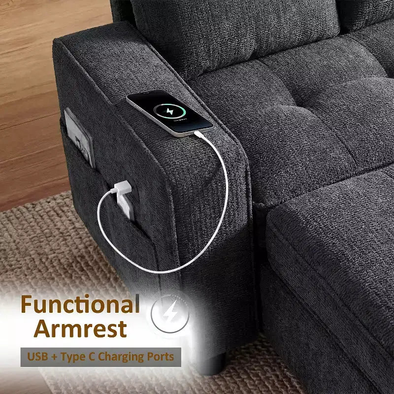 Divano letto Dyonery, 81 divano letto estraibile a L con penisola contenitore reversibile/porta USB/tasca laterale/montaggio senza attrezzi, velluto a coste beige