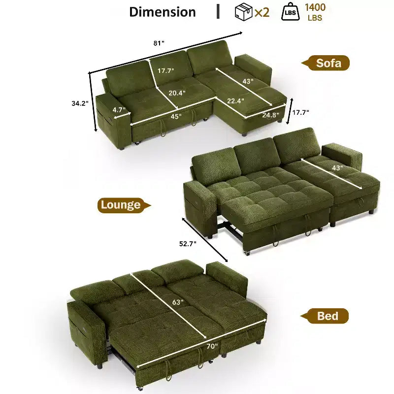 Divano letto Dyonery, 81 divano letto estraibile a L con penisola contenitore reversibile/porta USB/tasca laterale/montaggio senza attrezzi, velluto a coste beige