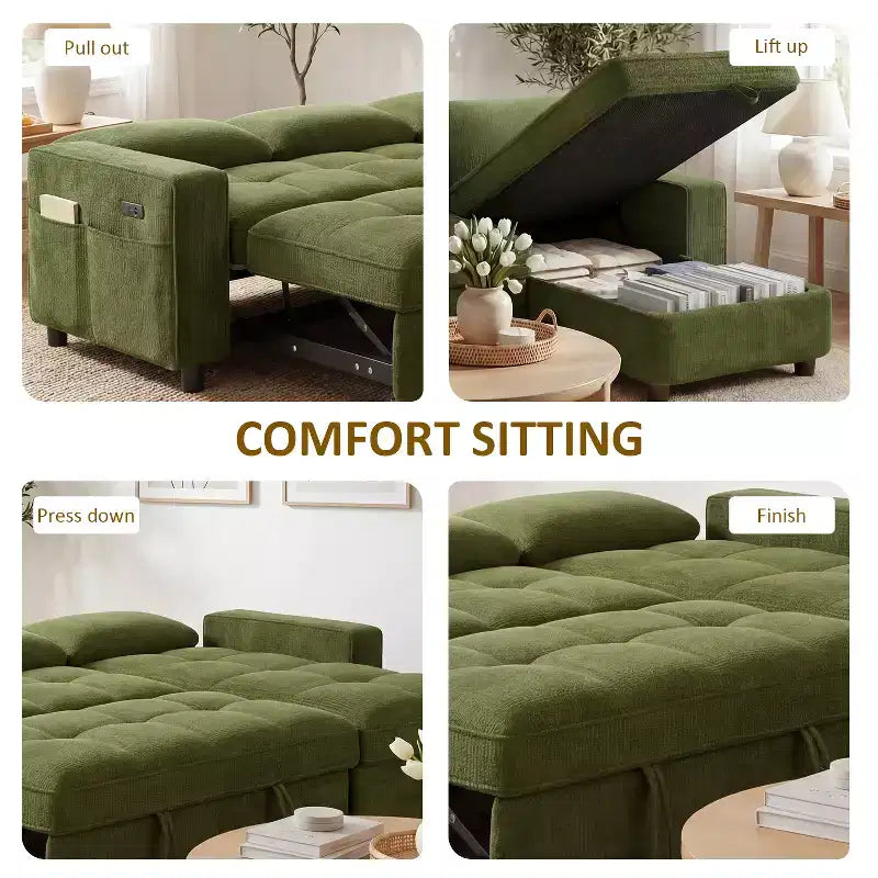 Divano letto Dyonery, 81 divano letto estraibile a L con penisola contenitore reversibile/porta USB/tasca laterale/montaggio senza attrezzi, velluto a coste beige