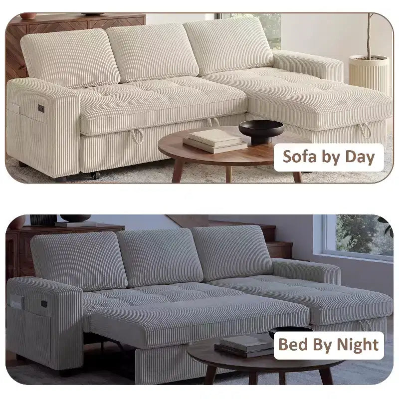 Divano letto Dyonery, 81 divano letto estraibile a L con penisola contenitore reversibile/porta USB/tasca laterale/montaggio senza attrezzi, velluto a coste beige