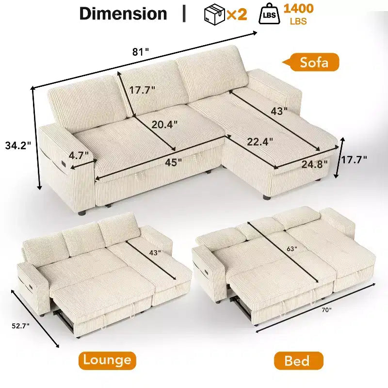 Divano letto Dyonery, 81 divano letto estraibile a L con penisola contenitore reversibile/porta USB/tasca laterale/montaggio senza attrezzi, velluto a coste beige