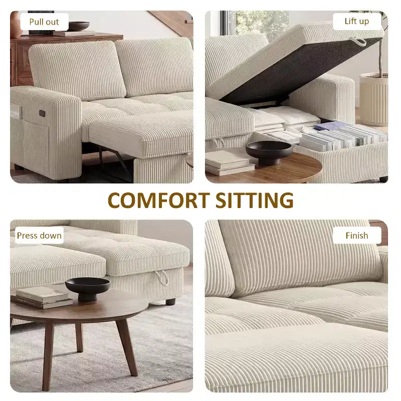 Divano letto Dyonery, 81 divano letto estraibile a L con penisola contenitore reversibile/porta USB/tasca laterale/montaggio senza attrezzi, velluto a coste beige